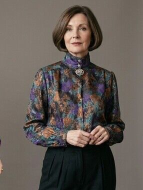 Vintage 80s Kara Floral High-Neck Blouse in Purple, Teal & Gold